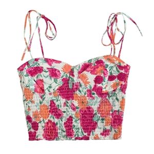 WAYF Bustier Smocked Cropped Tie Strap Top Floral Pink White Orange Size Small